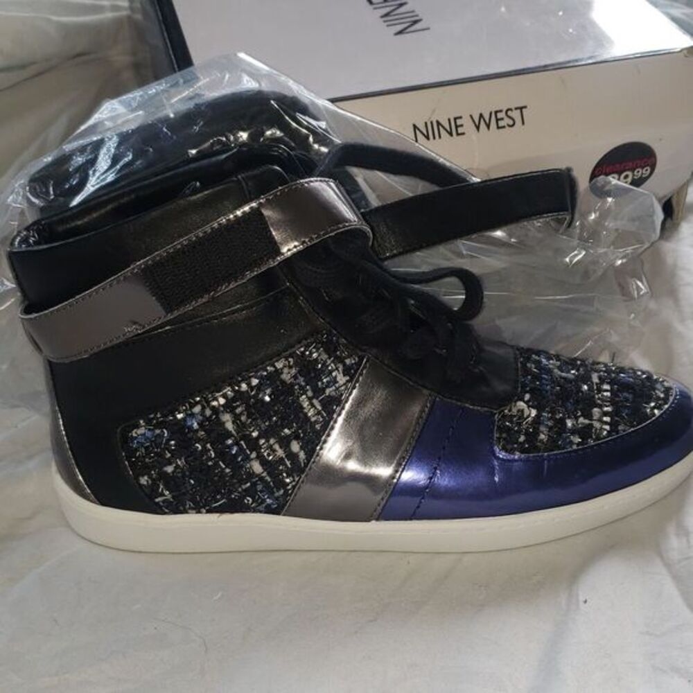 Nine West ROKSTARD Women's Size 9.5‎ Black/Chrome High Top Fashion Sneakers NWT